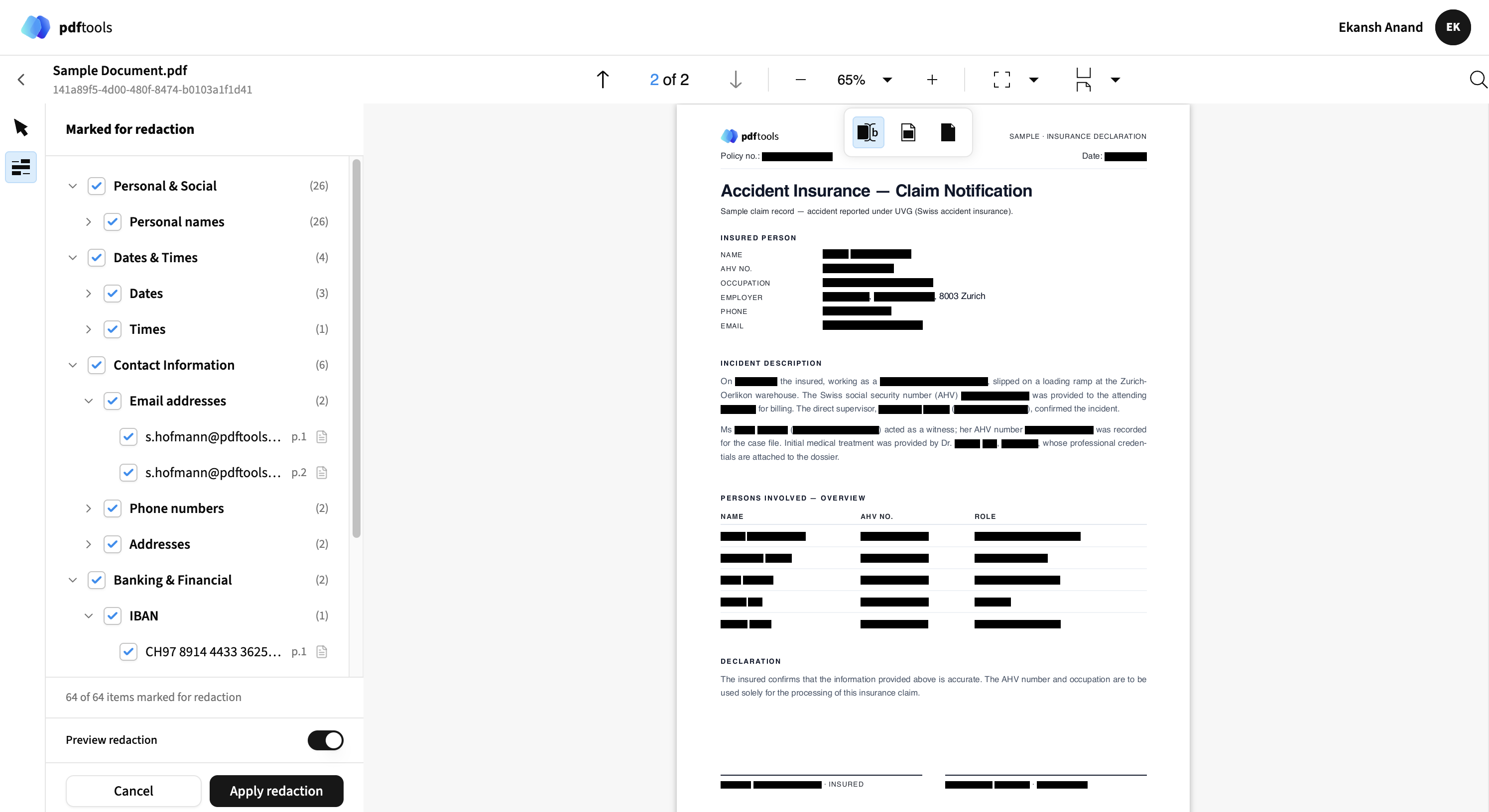 Preview toggle showing simulated redactions