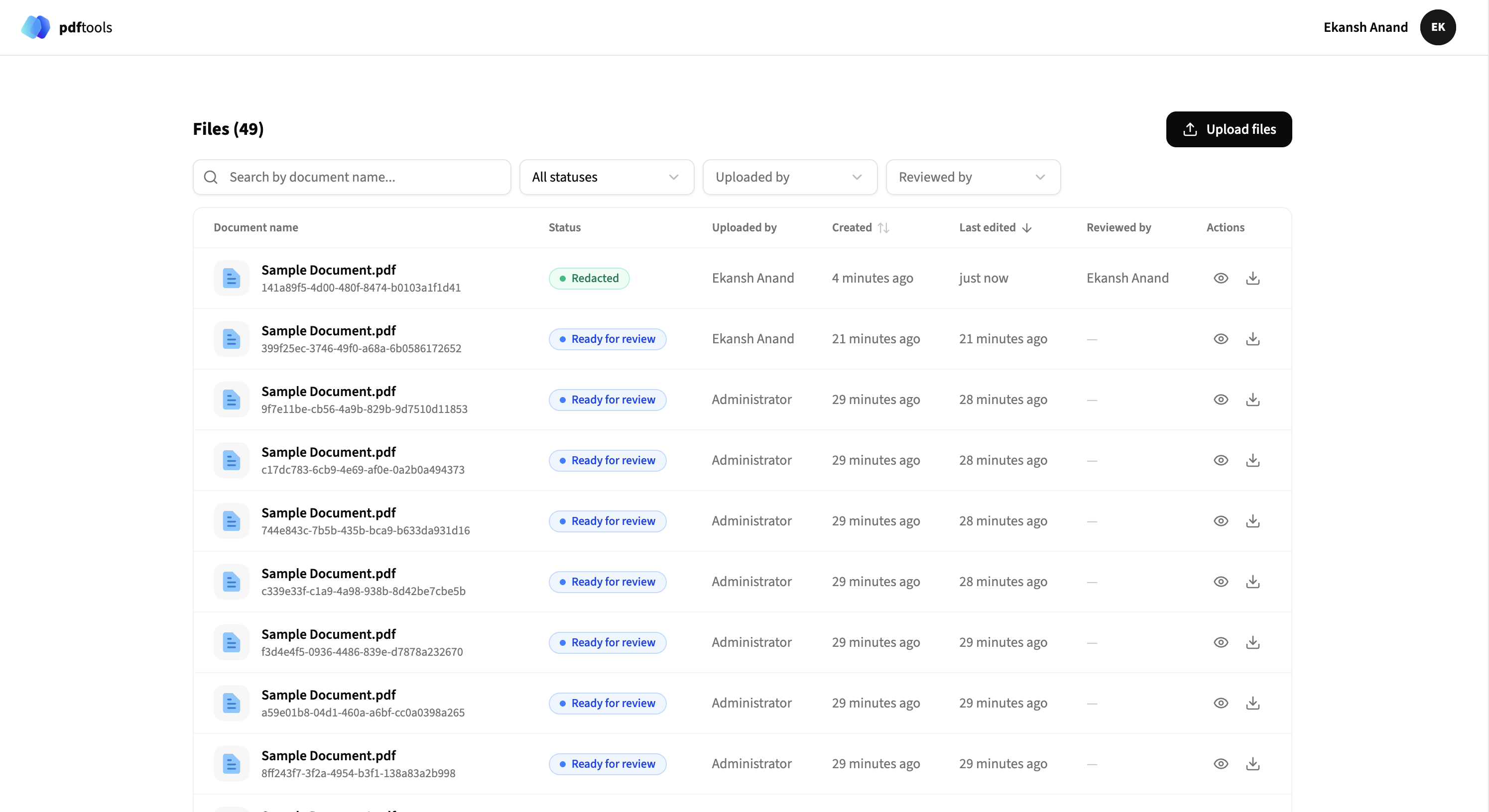 Document list showing redacted status