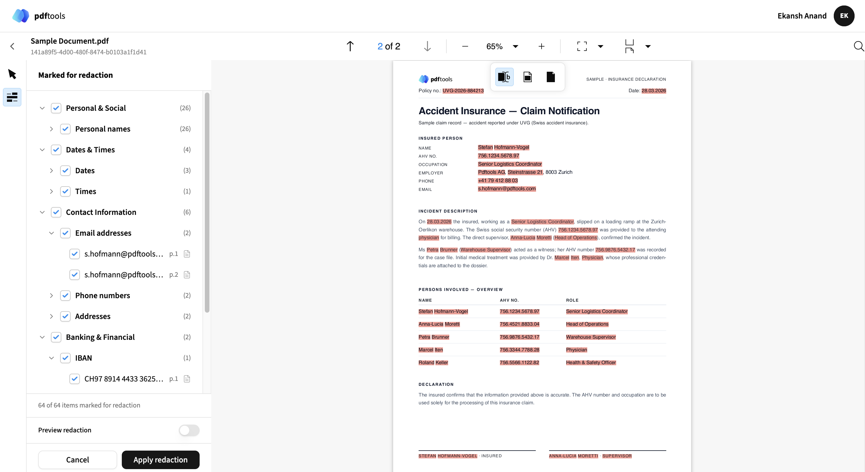 Review interface with detected redactions