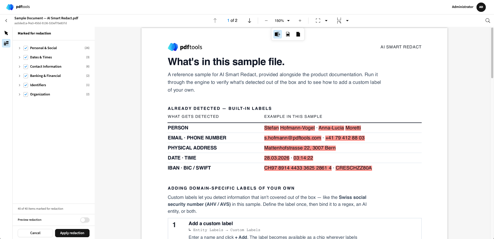 Screenshot of the AI Smart Redact HITL interface.