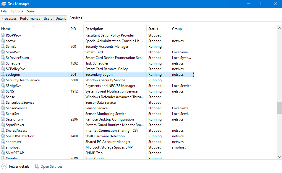 Screenshot of the Task Manager with Secondary Logon Service (seclogon) selected.