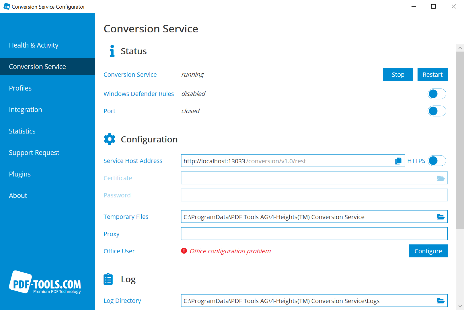 Office configuration in Configurator indicating Office configuration problem.